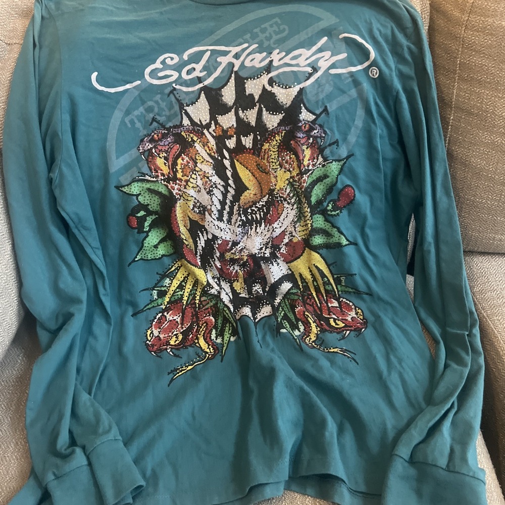 VTG Ed Hardy Women's Blue Teal  XXL  Long Sleeve Snake Rose Web Rhinestone